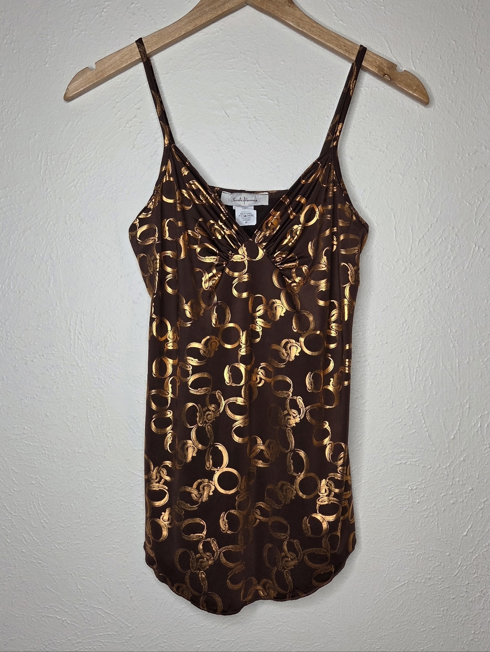 Vintage Y2K Brown Cami Top Copper Gold Chain Print Stretch Ruched M